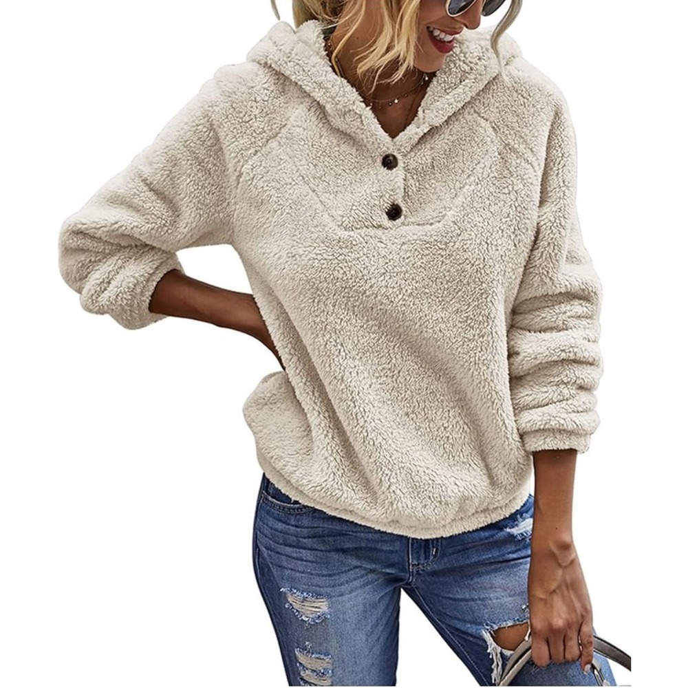KIRUNDO Women's Apricot Sherpa Pullover Hooded‎ Sweatshirt Small | EUC